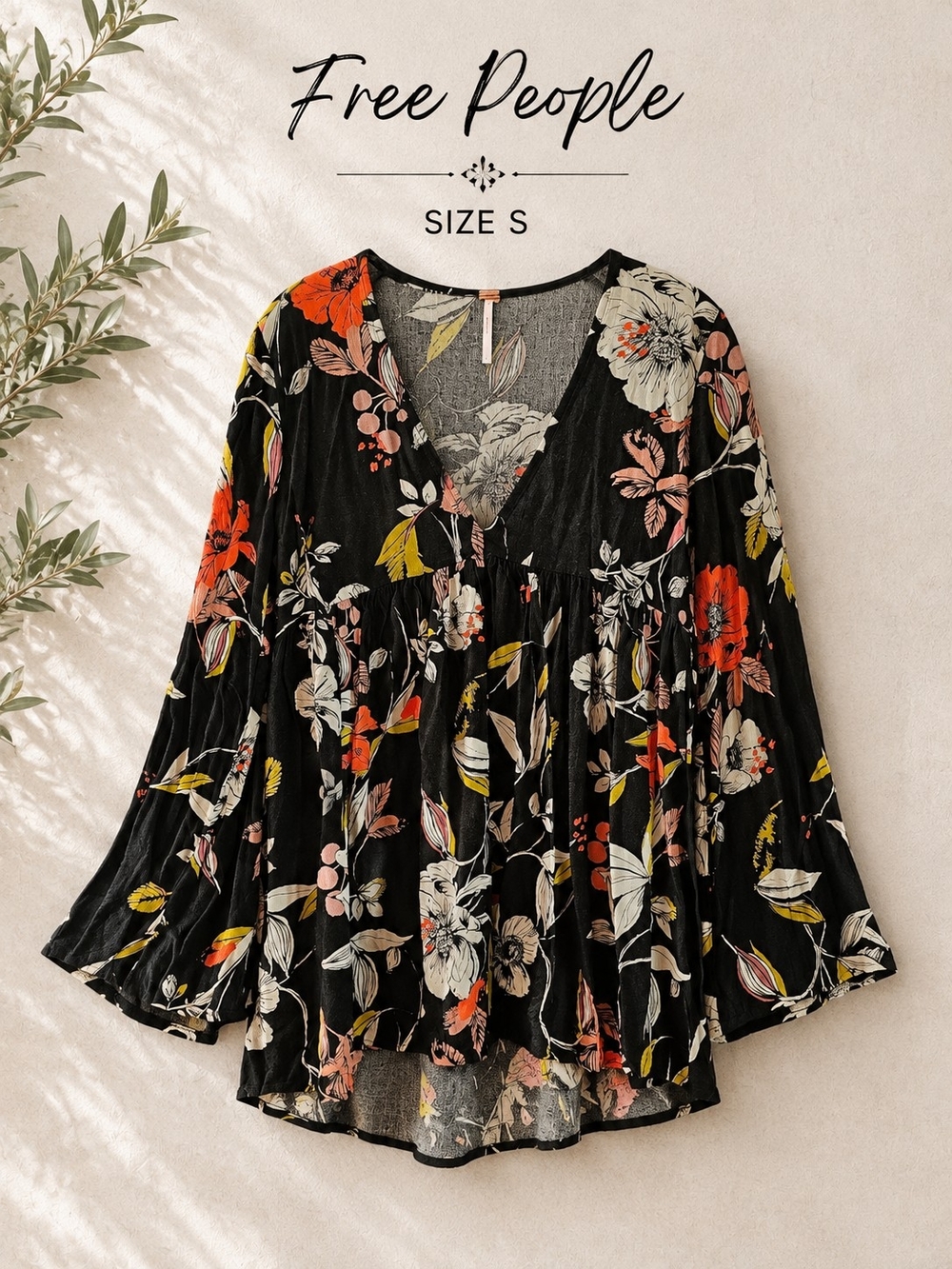 Free People Black Floral Long Sleeve Top Size S
